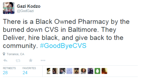 aintralph:  godgazi:One of the many things I learned while protesting in Baltimore. The CVS hired people from outside the community, treated customers like criminals and was hurting the Black Owned Businesses that couldn’t compete.  Please Re-Blog