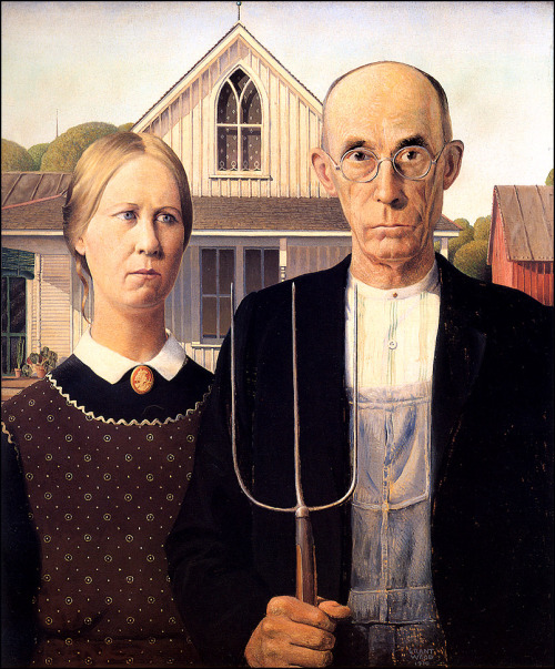 Grant Wood, American Gothic. 1930, oil on board. Art Institute of Chicago, Chicago, Illinois, United