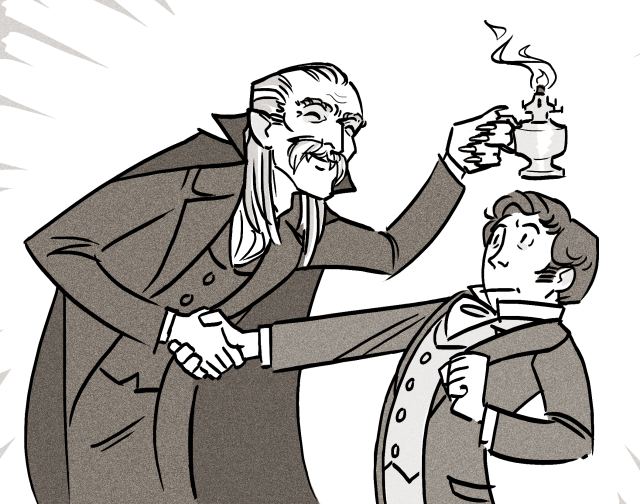 A simple grayscale drawing of Count Dracula and Jonathan Harker from Bram Stoker's novel Dracula. Dracula is taller than Jonathan. He is holding a chimneyless oil lamp and is smiling widely, while pulling Jonathan into a handshake. Jonathan is leaning backwards and looking up at Dracula with an uncomfortable expression.