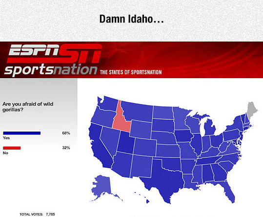 thatsthat24:
“ blogontheweb:
“ wild gorillas have already killed the entire population of Maine
”
Idaho apparently accounts for 32% of the US population
”