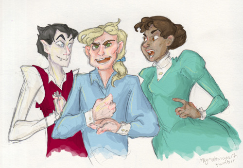 megmahoneyart:Colored a Discworld newspaper trio doodle on a break between animations.  I was reread