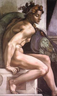 artist-michelangelo:  Ignudo, 1509, Michelangelo BuonarrotiMedium: frescohttps://www.wikiart.org/en/michelangelo/ignudo