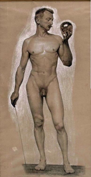 langoaurelian:Male Nude Academic Study This unsigned work is from a 1900 German school of artnand is done in chalk on grey paper.