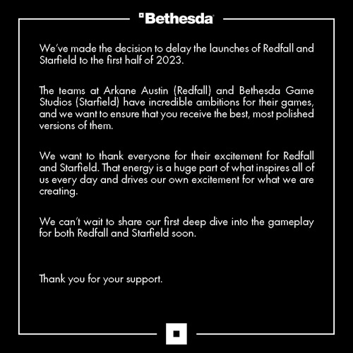 Bethesda Softworks has delayed Redfall and Starfield from their previously scheduled 2022 release wi