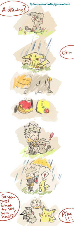 rainyazurehoodie:  It was a random not thought out well idea. Mimikyu and Pikachu want to show Spark their outfits, also Go sometime can’t but laugh at horrible pokemon puns. 