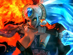 nintendocafe:  Koume and Kotake, collectively known as Twinrova,  are a recurring pair of Gerudo twin witches in The Legend of Zelda  series. They are also known as the Sorceress of Flame and the Sorceress  of Ice, respectively. Art by E 雄紀人  &lt;3