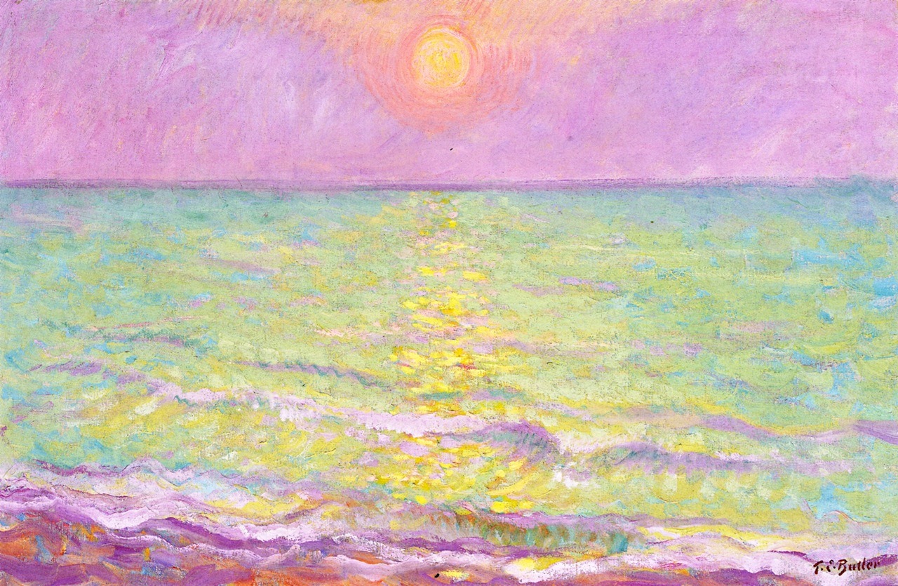 lonequixote:  Sunset at Veules-les-Roses, Seine-Mer ~ Theodore Earl Butler 