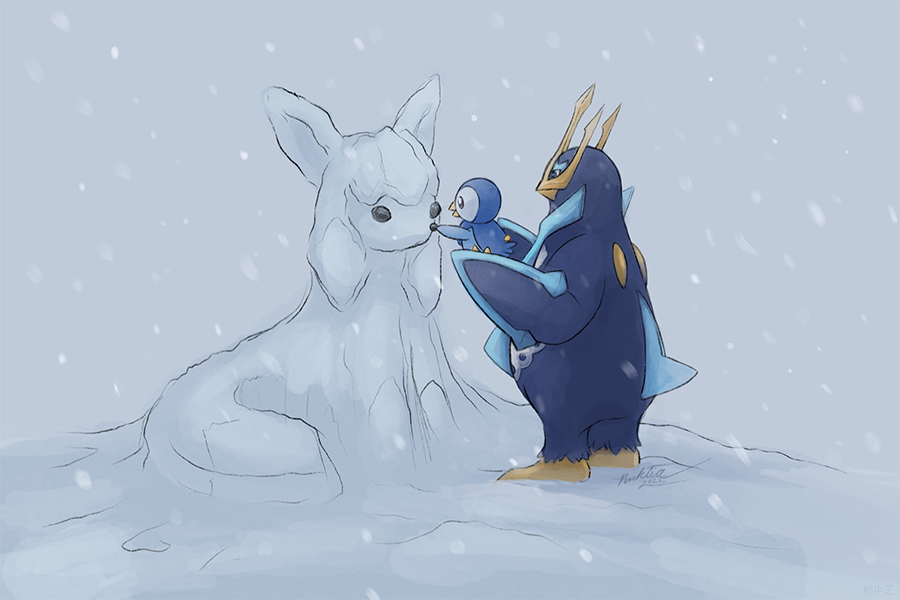 piplup and family making a snow glaceon! my secret santa gift for a friend :>