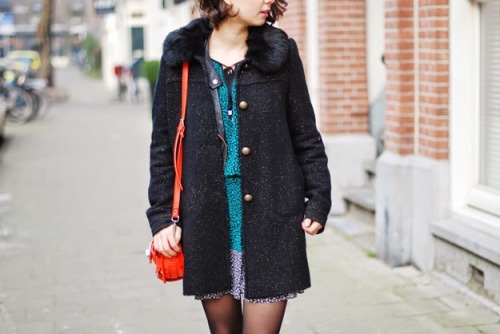 tightsobsession:  Amsterdam.Via Who Let The Girls Out.Coat, KookaiPerfecto, New LookDress, Michael Kors by MichaelBoots, AsosBag, Zara  