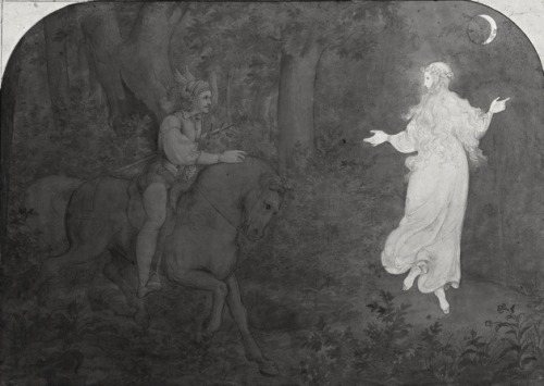 funeral-wreaths:  The forest in German Romanticism  Moritz von Schwind, The Apparition in the Forest, 1823Ludwig Richter, St Genoveva in the Forest, 1847-48Carl Wilhelm Kolbe, Fantastical Tree, 1830, and Lovers in a Grotto, 1830-35  