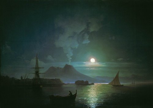 artist-aivazovski:  The Bay of Naples at moonlit night. Vesuvius, 1870, Ivan Aivazovski