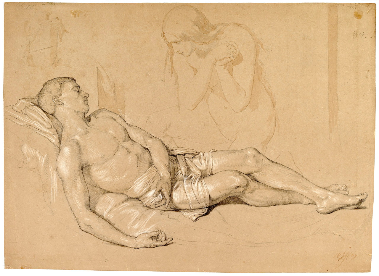 19thcenturyboyfriend:  A Nude Woman Kneeling at the side of a Reclining Man (1857),