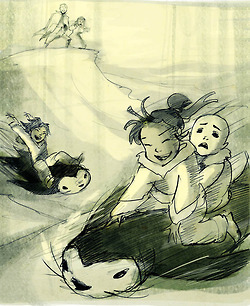 kataang1412:Three generations of penguin sledding!Aang and KataraBumi, Kya and TenzinJinora,