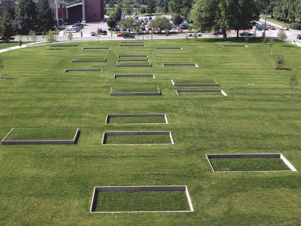 text-mode:
“The rectangles in “Punch Card Park” in Ohio were made to resemble the square holes in IBM cards. Created in 2004 as part of the celebration of the bicentennial of the founding of Ohio University
”