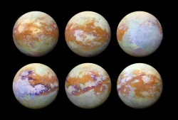 astronomyblog:   These six infrared images of Saturn’s moon Titan represent some of the clearest, most seamless-looking global views of the icy moon’s surface produced so far. The views were created using 13 years of data acquired by the Visual and