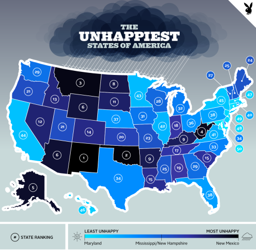 mapsontheweb:  The Unhappiest States of America.More happiness maps >>