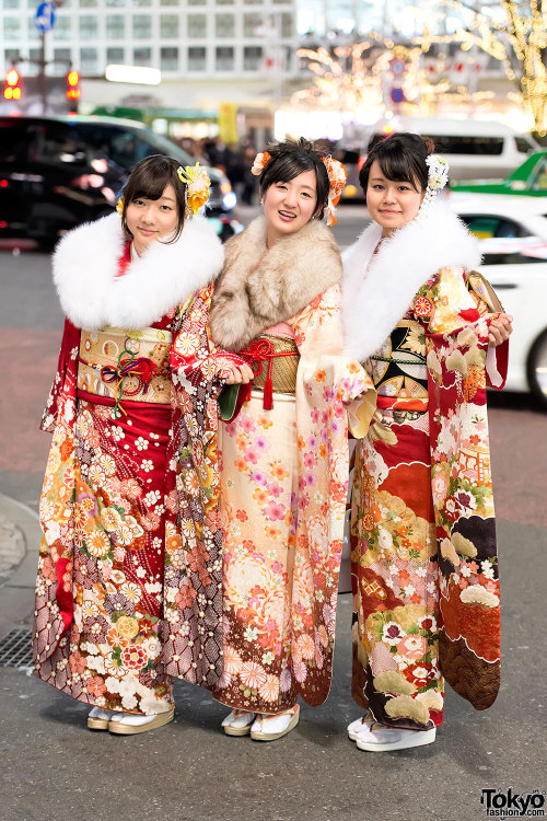 tokyo-fashion:  125 pictures of beautiful furisode kimono on the streets of Shibuya during Coming of Age Day 2014 in Japan. This is one of my favorite fashion days of the year - so many pretty kimono everywhere in Tokyo!!!