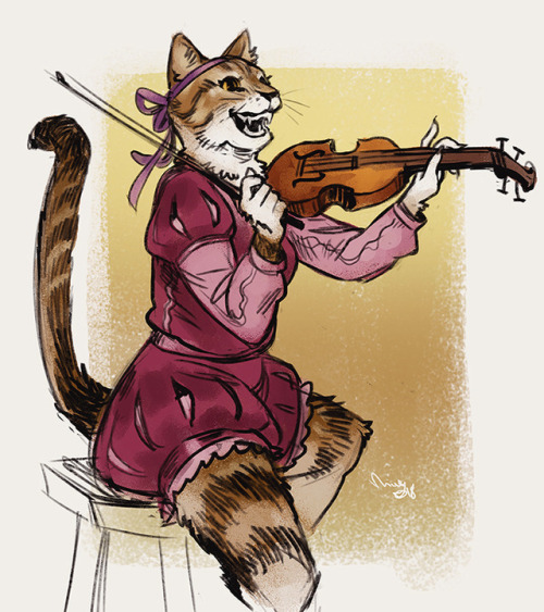 theminttu:To destress I sketched my kitty Mansikka as a khajiit!! she’s a bard and she loves singing