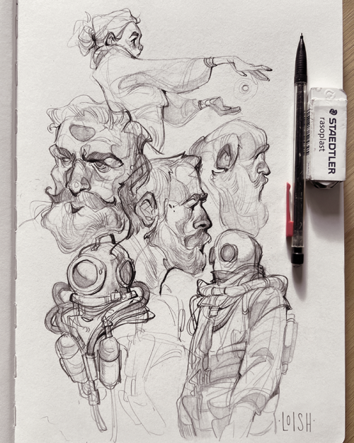 loish:  Some loose sketches from my sketchbook ~ space and diving suit themed!