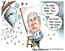 cartoonpolitics:  &ldquo;Hamas is regularly described as ‘Iranian-backed Hamas, which is dedicated to the destruction of Israel.’ One will be hard put to find something like ‘democratically elected Hamas, which has long been calling for a two-state