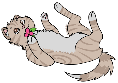 an almond colored classic tabby kitten with white belly and feet, rolled on their back as they chew on a pink flower necklace.