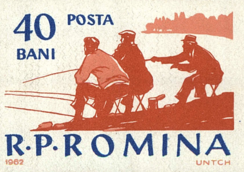 A Romanian series of stamps celebrating fishing, designed by Ion Untch, 1962