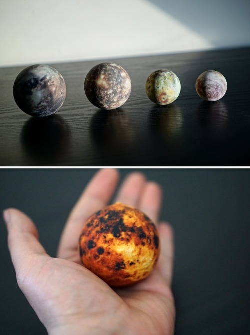 sosuperawesome:  3D Printed Planets and Moons, made to relative or true scale in 1:1.5 billion, 1:1 billion or 1:0.7 billion sizes, sold singularly, in sets, in bottles, or with surface detail relief.  By Little Planet Factory on Etsy 