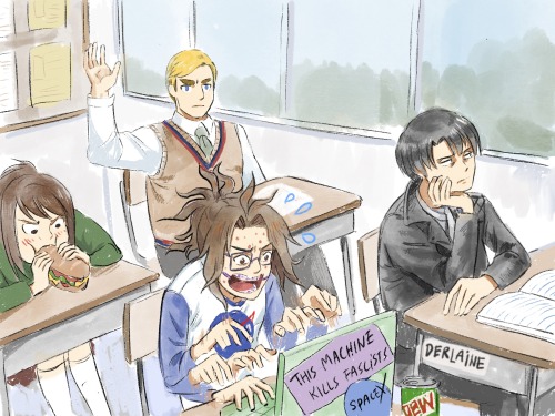 Some Attack on Titan Middle School / High School AU sketches. I had a lot of fun drawing uber-nerd H