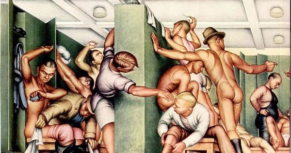 vintagemusclemen:  YMCA Locker Room by Paul Cadmus, 1933.  There’s a lot going