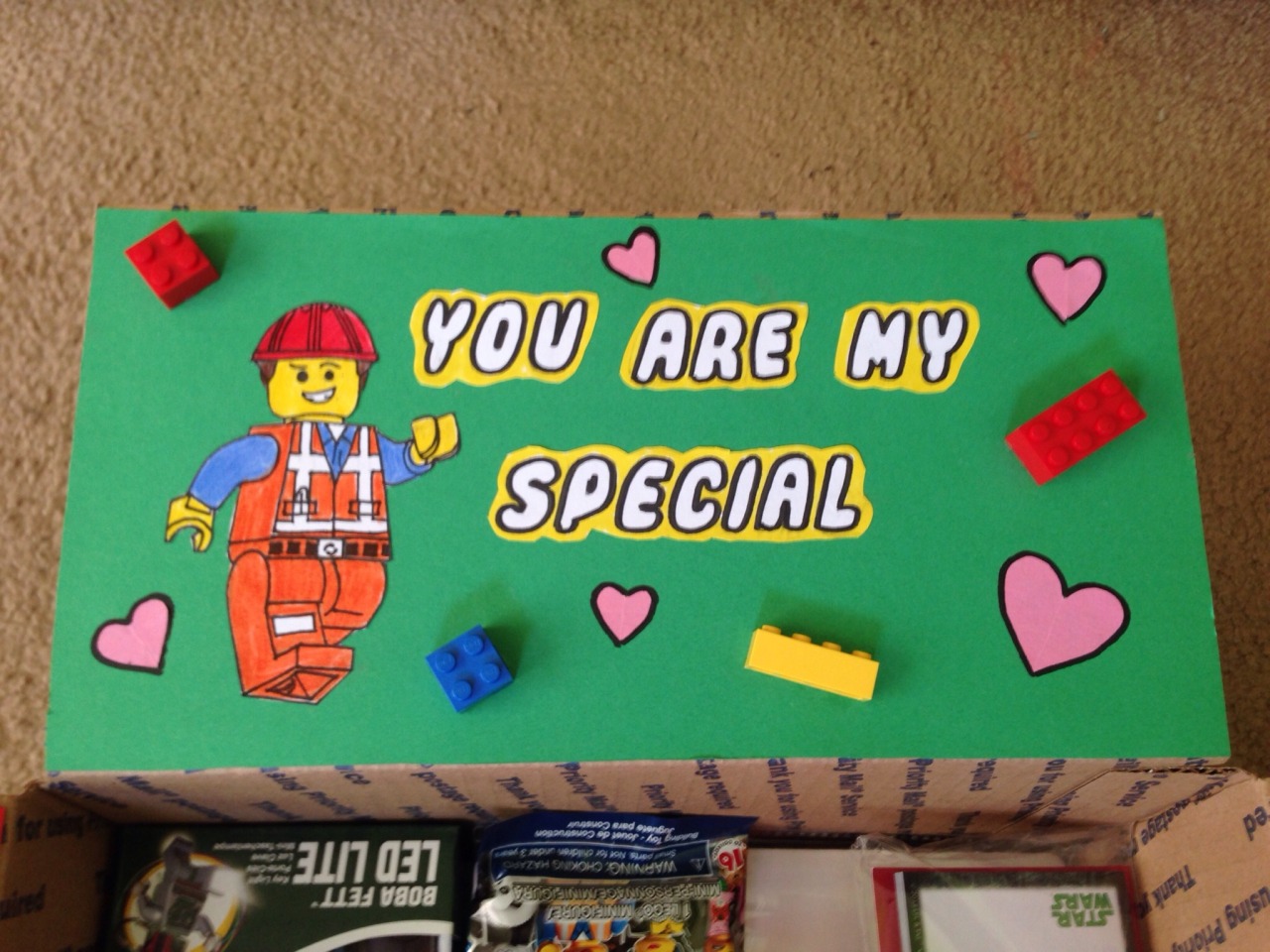 shortskirtstrongboots:  This year’s Valentine’s care package for John! I can’t