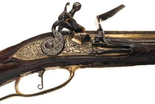 Extraordinary gilded brass ornate relief flintlock musket crafted by Iohan Adam Knod of Carlsbad, ci