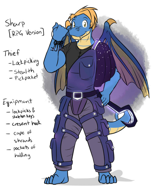 Sharp - RPG Version Sharp is an intermediate thief, with skills in stealth magic.  He’s mostly a utility class with more out of combat skills, like lock-picking.  He has a ring of skeleton keys and lock picks, which he can use to open simple locks