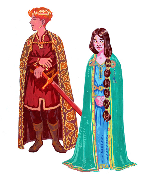 mortefran:more posca marker sketches: gawain, ragnelle and lynette. prep sketches for a larger piece