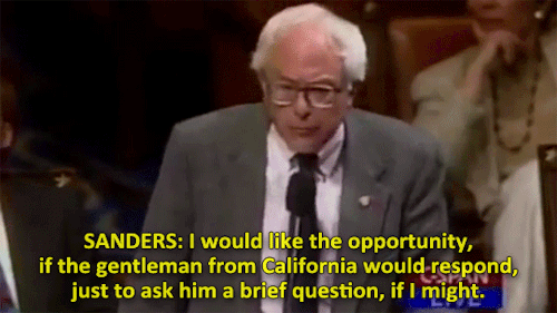 cartoon: The year is 1995, congress member Bernie Sanders stands in opposition of a homophobic state