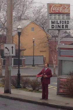 water12ftdeep:  failnation:  Ron Burgundy came to my town today…with Dunkin Donuts and a 40   Milford PA?