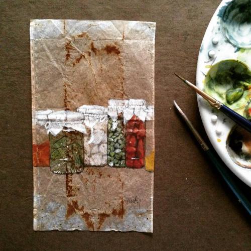 363 days of tea. Day 214. #condiments #jars #recycled #teabag #commissionedart www.rubysilvious.com