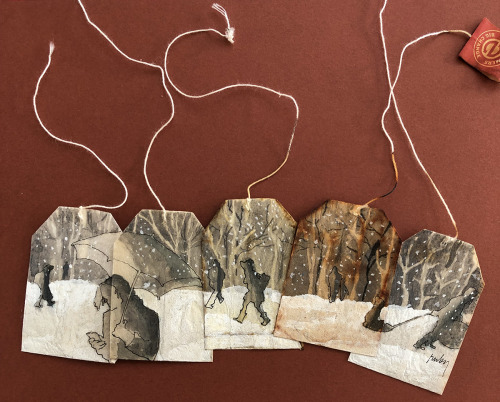 itscolossal: Minuscule Scenes Appear Against the Backdrop of Used Tea Bags in Watercolor Paintings b