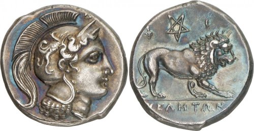 archaicwonder:Didrachm from Velia, Lucania c. 305-290 BCThe head of Athena facing right, wearing a c