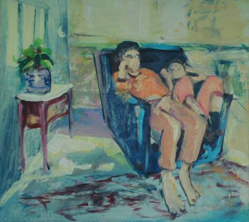Watching TV     -    Victor van de LandeDutch,b.1955-Oil on canvas, 29,9 x 32,3 in