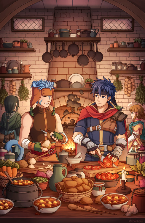 The full piece I did for @fireemblemfoodzine! I got to draw Ike and some friends to accompany a spic