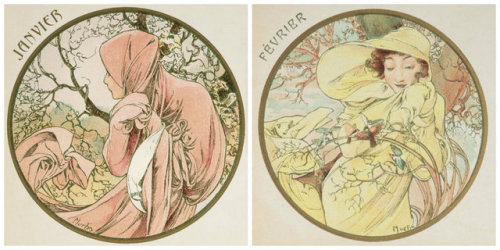 ladiesofthemonths:  english-idylls:  The Months of the Year series by Alphonse Mucha (1899).  Mucha’s take on the months!  I didn’s see these till after I created the majority of my Ladies for the Ladies of the Months. What a glorious collection!