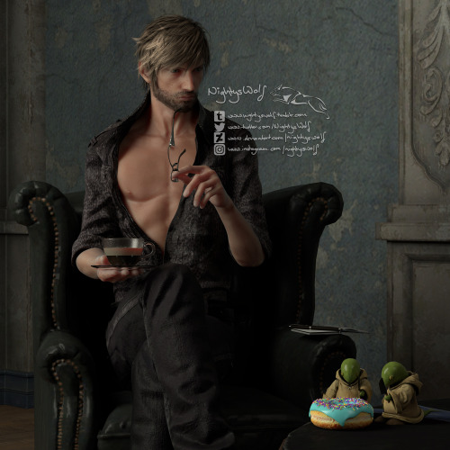 nightyswolf:Now, here we have Ignis enjoying a cup of coffee, while having his shirt unbuttoned, not