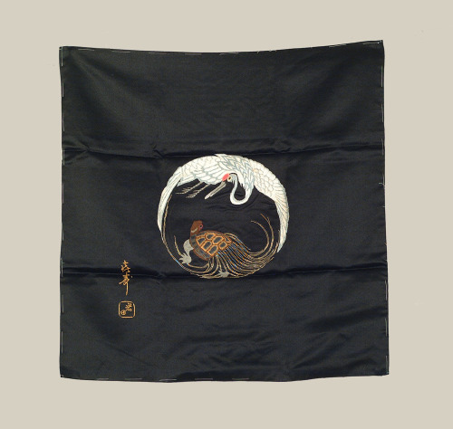 yorkeantiquetextiles: A satin silk fukusa featuring an embroidered crane and tortoise accompanied b