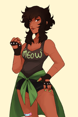Hey look, I finally drew my headcanon humanstuck Nepeta design ! She&rsquo;s Panamanian/Caribbean, fluent in both English and Spanish. And she&rsquo;s a Survivalist expert and works as a fitness trainer :33c