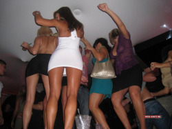 carefreenaked:  One person dancing in a short dress showing her pussy, and another showing boobs in transparent tops