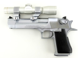 fmj556x45:  Israeli Military Ind Desert Eagle .50 AE caliber pistol. Hard chrome finish with Leupold 2x scope.