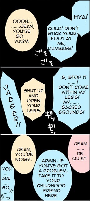 isolilili:  【51話】オレら104期！【リヴァエレ前提】 by suisai [Ch 51]  We’re the 104th Class! [RivaEre are already a couple] This artist is so funny omg. There are 2 puns that don’t translate well so putting them here: When Jean