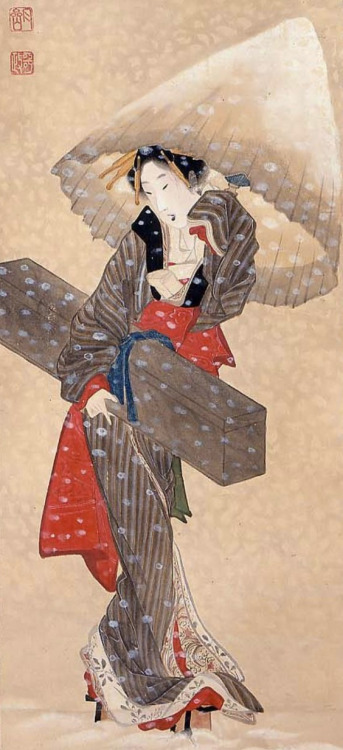 Geisha or courtesan carrying a shamisen in case through the snow.  Main detail of a hanging scroll; 
