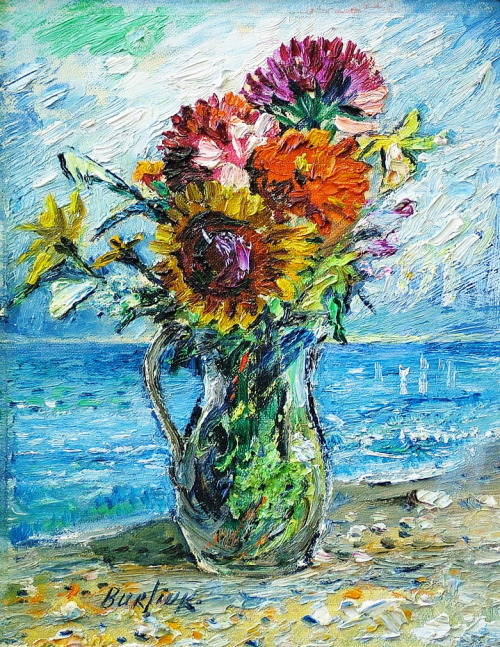 david-burliuk:Bouquet of wild flowers with ocean background, David Burliuk