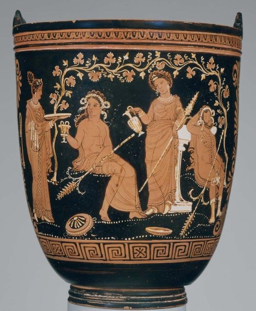 hildegardavon:Dionysos and two Maenads Bucket (situla) Greek, South Italian: Apulia, Late Classical 